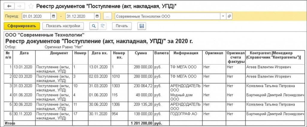 Реестр первичных документов образец